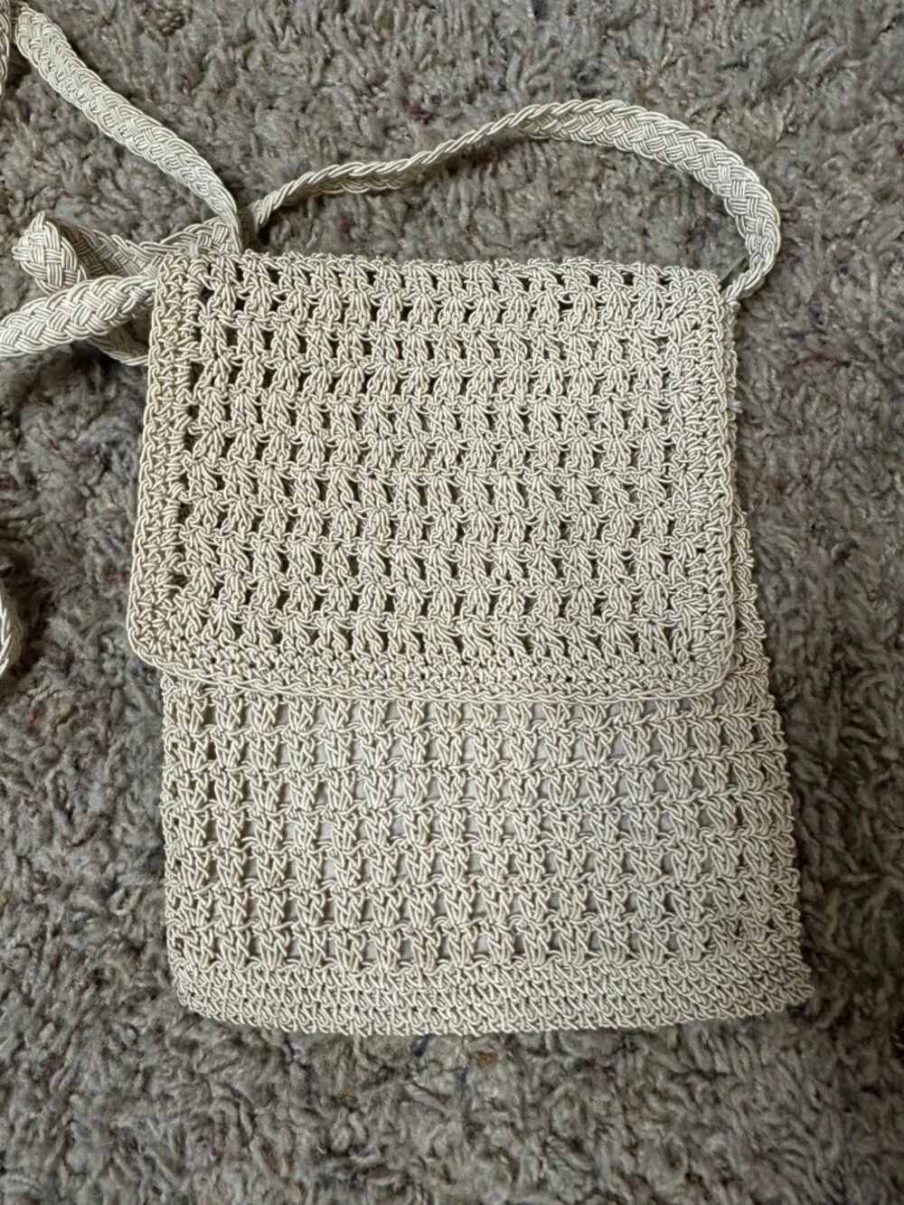 Beige Crochet Crossbody Bag 100% Rayon Lightweight Small Purse Flap Closure
